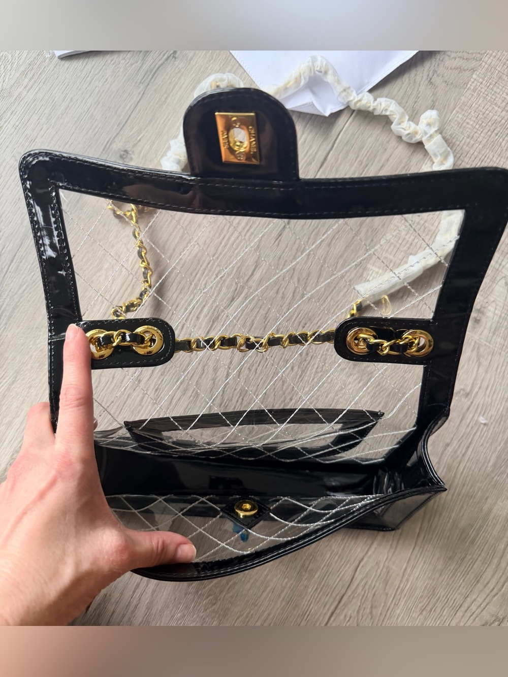 FULL SET Brand NEW Chanel Transparent Bag w Black Patent Leather & Gold Hardware - Picture 10 of 11